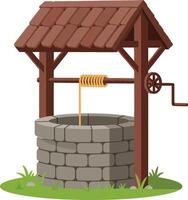 A charming stone well with a wooden roof and crank system in a grassy setting, flat illustration vector