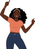 Joyful woman dancing with enthusiasm in a vibrant outfit, showcasing flat design style, capturing happiness and energy in illustration vector
