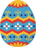 Colorful decorated Easter egg showcasing intricate patterns in a flat design style, featuring bright colors and festive motifs in a charming illustration vector