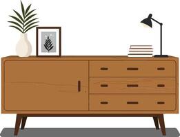 Stylish wooden sideboard with decorative elements in minimal design showcasing a plant, picture frame, and lamp in art vector