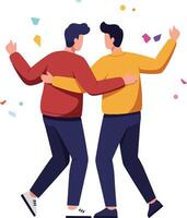 Two cheerful men dancing together in colorful attire, surrounded by festive confetti in a vibrant flat illustration vector
