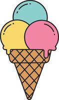 Ice cream cone with three colorful scoops designed in a minimal flat style, showcasing a joyful summer treat in vibrant art vector