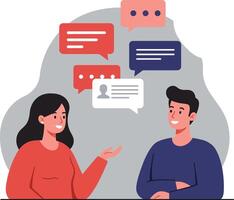 Engaging conversation between two friends in a modern flat design style illustration with speech bubbles expressing ideas and emotions vector