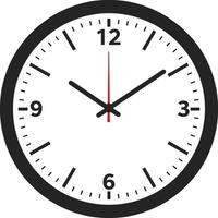 Simple round wall clock with black outline and minimalist design, featuring bold hour markers and red second hand, flat art vector