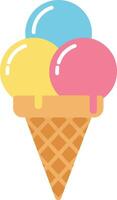 Colorful ice cream cone featuring three scoops in pastel blue, yellow, and pink, presented in a minimal, flat design style, illustration vector