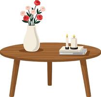 A charming wooden coffee table with a floral vase, candles, and books in a cozy, minimal design style showcasing modern art vector