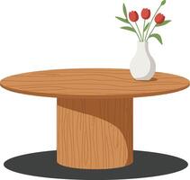 Wooden round table with a simple white vase holding red tulips in a minimal flat design art vector