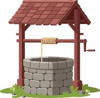 Classic stone well with wooden roof and winding mechanism in a flat illustration surrounded by green grass and small rocks vector