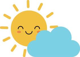 Cheerful sun smiling brightly behind a fluffy cloud in a flat and colorful illustration vector