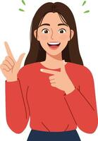 A smiling woman in a red shirt pointing and gesturing with excitement in a cheerful, minimalist design style illustration vector