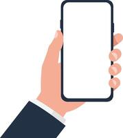 Hand holding a smartphone in a business suit, flat design showcasing modern technology with a clean interface in illustration vector