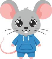 Cute cartoon mouse character wearing a blue hoodie and shorts, in a flat design style, showcasing a playful and cheerful demeanor, art vector