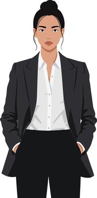 Confident businesswoman in a tailored black suit with a white shirt, minimal style illustration showcasing professionalism and modern fashion in an empowering pose