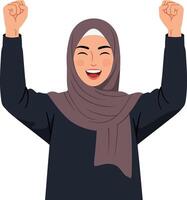 Happy young woman celebrating with raised fists wearing a grey hijab in a flat illustration style conveying joy and excitement in a cheerful atmosphere art vector