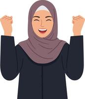 Joyful woman celebrating with raised hands, wearing a hijab, in flat design style, expressing happiness and excitement in this illustration vector