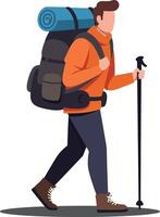 A young man in an orange jacket hiking with a large backpack in a flat minimal illustration vector