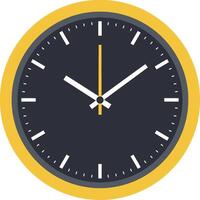 Round wall clock design with bold yellow border, minimalistic black face, white hands, and simple tick marks showcasing time in elegant art vector