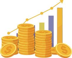 Stacks of gold coins and a rising bar graph showcasing financial growth in a flat design illustration vector