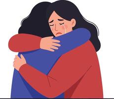 Two women embracing in a moment of comfort, showcasing emotional support and connection in a flat illustration style, conveying warmth and empathy through vibrant colors and simple shapes in art vector