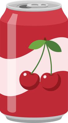 Red soda can with cherry design showcasing a minimal and flat style in illustration