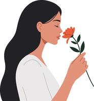 A woman with long hair gently smelling an orange flower in a serene moment, embracing nature in minimalist illustration vector
