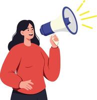 A cheerful woman holding a megaphone in a vibrant red sweater showcasing flat art style emphasizing communication and enthusiasm in a lively atmosphere illustration vector