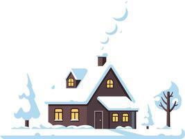 Cozy winter cabin surrounded by snow-covered trees in a flat design art style, evoking warmth and tranquility in a chilly landscape vector