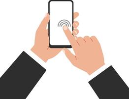 Hands holding a smartphone with a touch interface in a flat and minimalist design style, showcasing interaction and modern technology in illustration vector