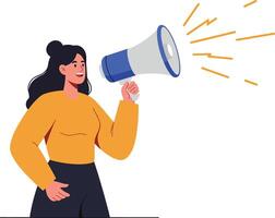 A woman in a yellow sweater enthusiastically holding a megaphone, conveying a message, in a flat design style art vector
