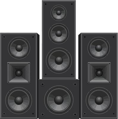 A detailed arrangement of black audio speakers in a modern flat design showcasing sound equipment in a vibrant setting, perfect for music enthusiasts, art