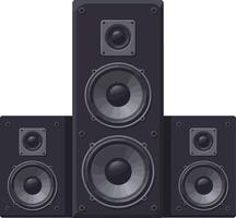 Three black audio speakers arranged in a dynamic layout showcasing detailed design elements in flat art vector