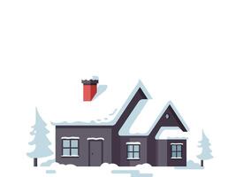 Cozy black house covered in snow with a chimney surrounded by evergreen trees in a minimal flat illustration vector