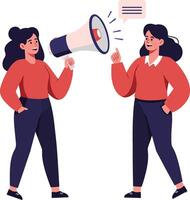 Two women engaging in a lively conversation, one holding a megaphone, in a colorful flat art style showcasing communication and connection vector