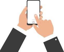 Hands holding a smartphone with a finger touching the screen in a minimal flat illustration style depicting modern technology and communication art vector