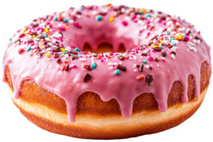 Sweet pink frosted donut with colorful sprinkles png