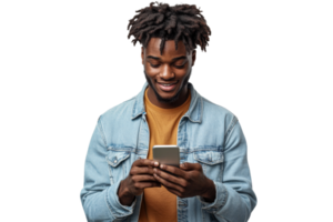 Man using smartphone indoors casually png