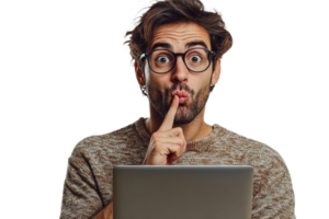 Man making a hush gesture while using a laptop png