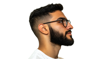 Young man with glasses poses in profile view png