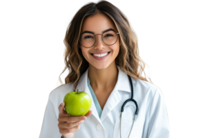 Smiling health professional shows green apple png