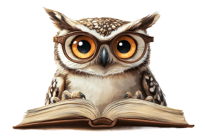 Wise owl reading a book in glasses during daytime png