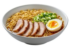 Delicious ramen bowl with pork and egg served png