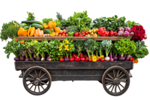 Fresh vegetables displayed on a rustic wooden cart png