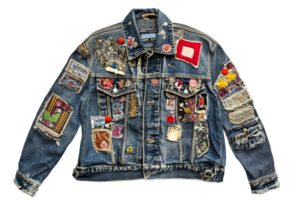 Stylish vintage denim jacket adorned with patches png