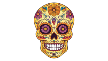 Decorative skull with bright flowers and patterns png