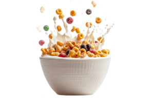 Breakfast cereal splashing in white bowl with milk png