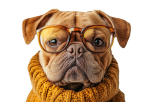 Dog wears glasses and sweater in playful pose png