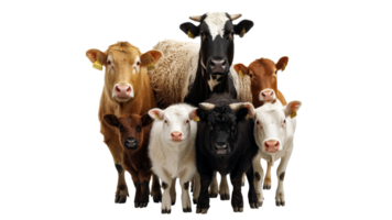Cattle gathered together in a farm setting png