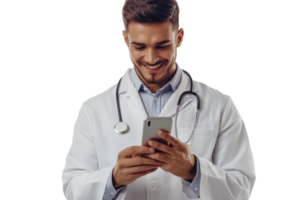 Doctor smiling while using mobile phone for work png
