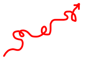 Tangled scribble red diagonal line with arrow. Messy lines. Difficult route line. Mental health issues. Mental confusion, complicated way. Isolated on transparent background png