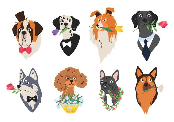 Set of dog heads with flowers in mouth. Domestic animal of different breeds with accessories bow tie, tie, hat. isolated flat linear illustration